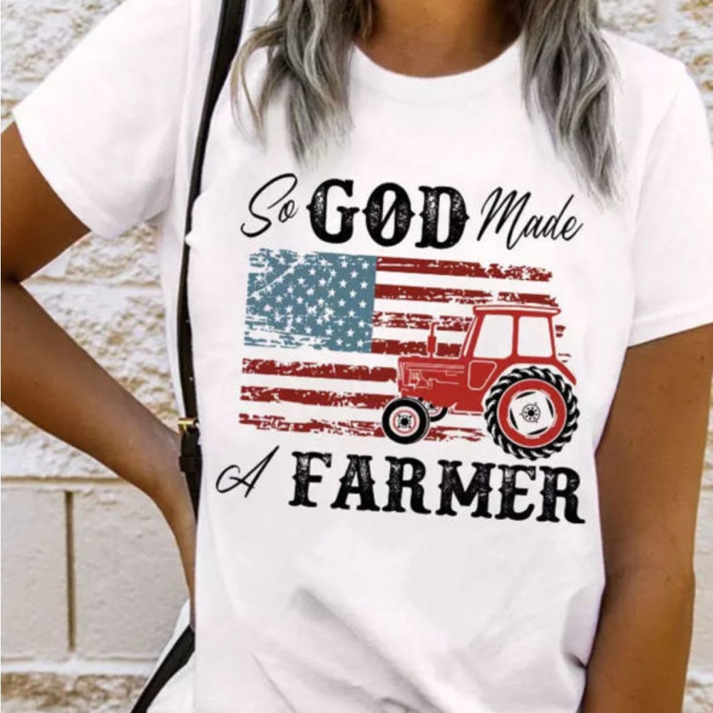 White Graphic Tee with Tractor Print